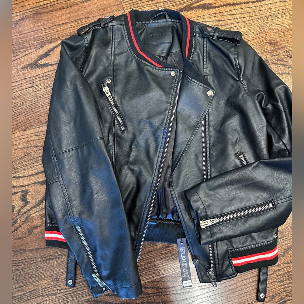 NWT Faux Leather Black Bomber Jacket with Red Stripes